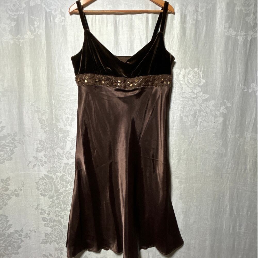 VTG Ronni Nicole Babydoll Slip Dress 16 Brown Velvet Satin Sequins Fairy Grunge